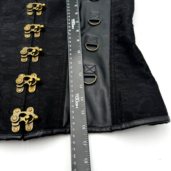 6X Black Steel Boned Steampunk Goth Witch Brocade Floral Leather Overbust Corset - Picture 13 of 14